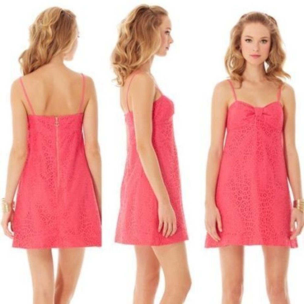 Lilly Pulitzer Karina Lace Dress Pink Spaghetti Strap Gold Anchor Zip Size 4